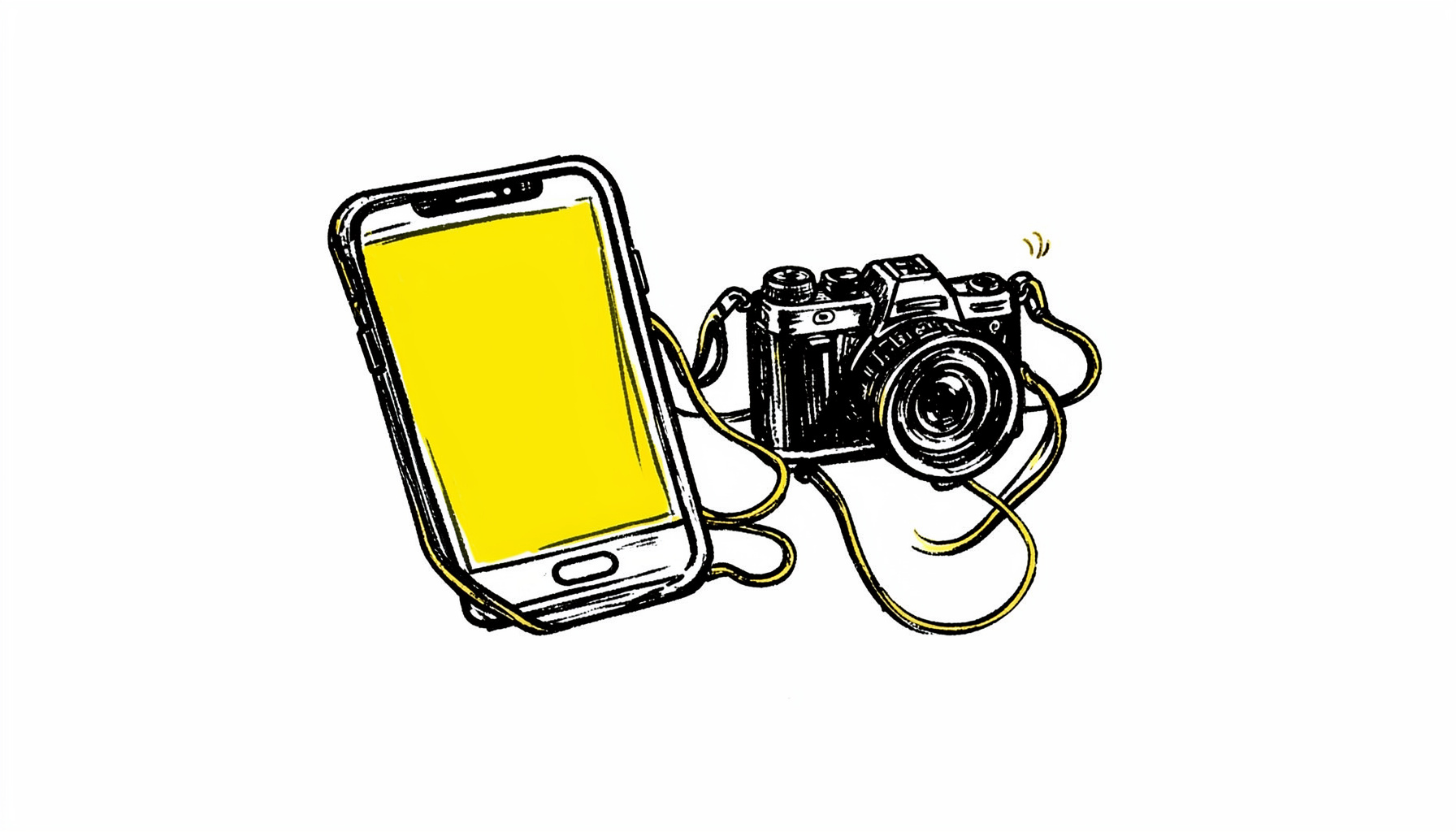 A hand-drawn ink illustration of a smartphone and a video camera connected by flowing data lines, set against a dark background with subtle golden accents