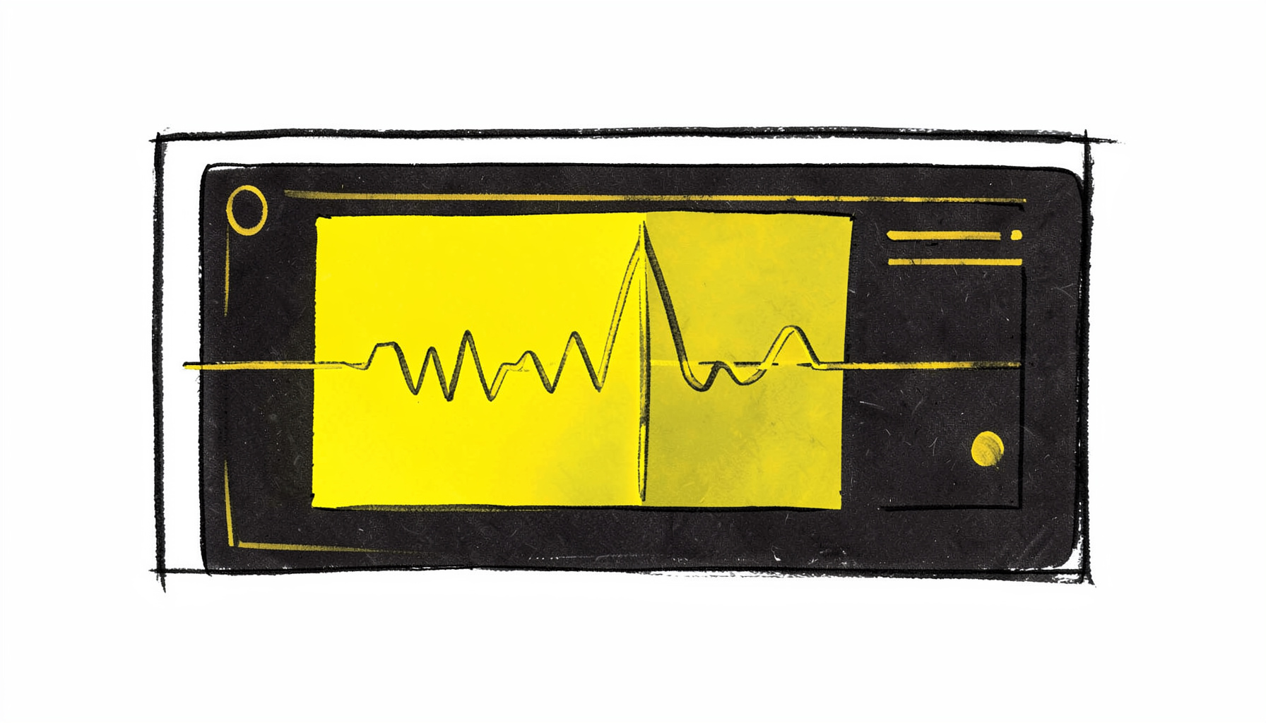 Hand-drawn ink illustration of a video converter interface panel with golden waveform lines on dark paper