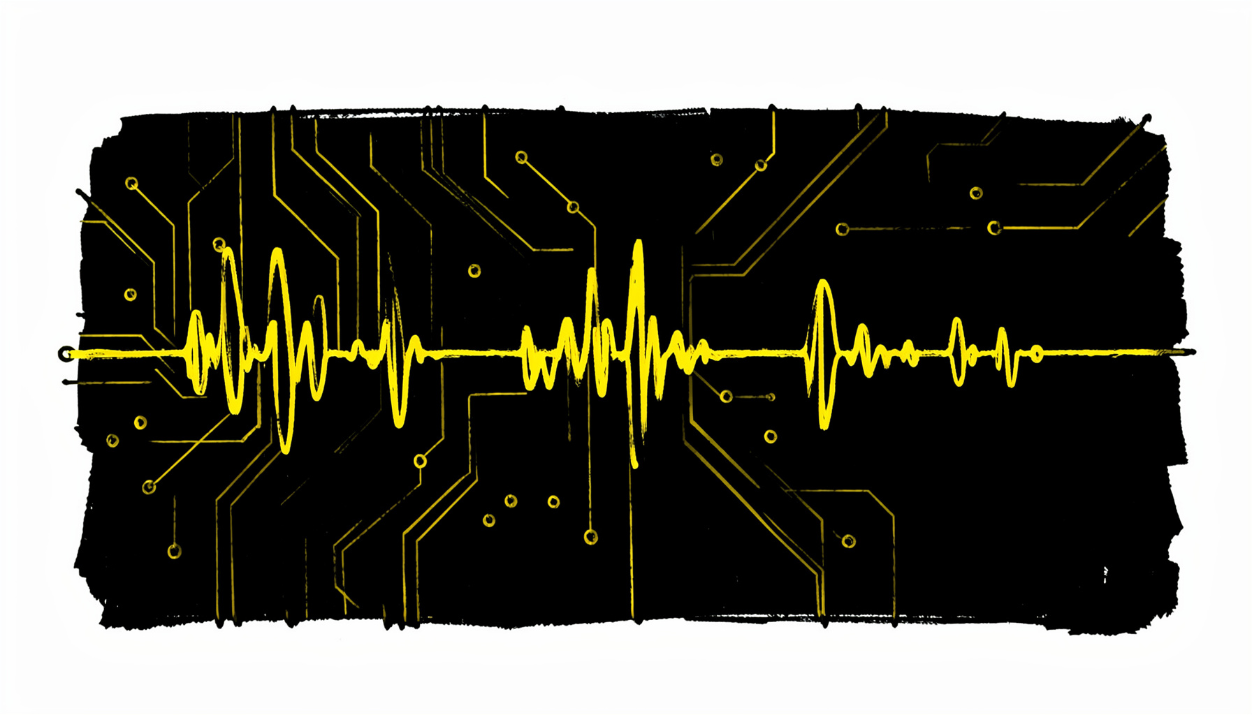 Dark atmospheric illustration with glowing golden circuit traces and abstract waveform patterns against a near-black background, evoking digital video technology