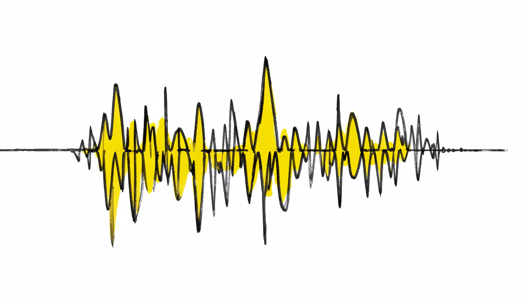 Hand-drawn ink illustration of audio waveform channels mixing together in gold and dark gray