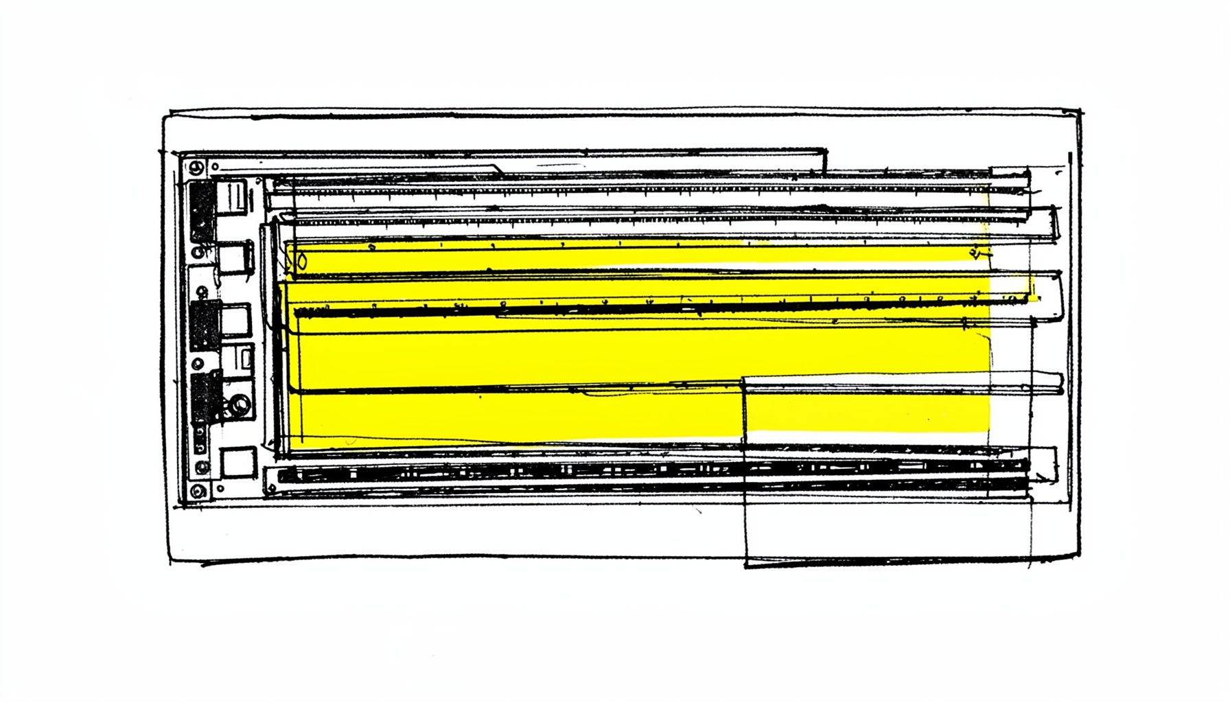 Hand-drawn ink sketch of multiple video tracks layered and mixed in a dark editing timeline