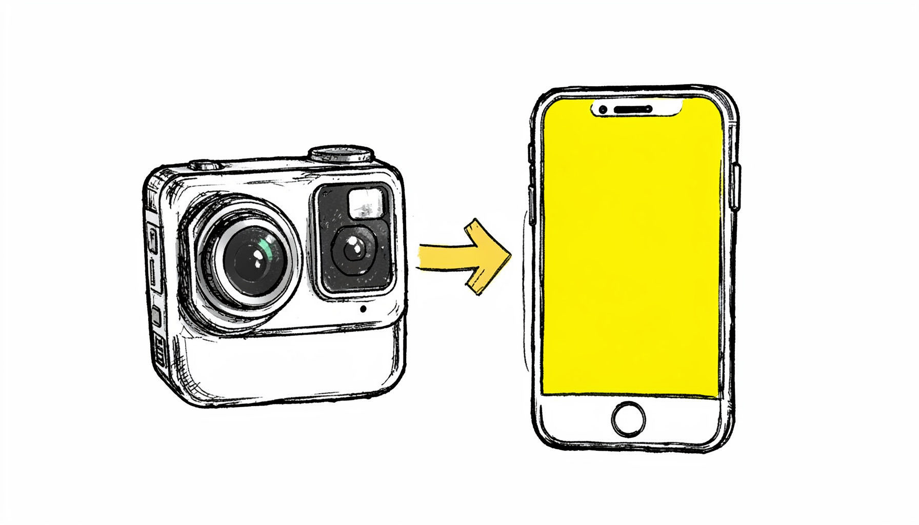 Hand-drawn ink illustration of a GoPro camera beside an iPhone with a golden transfer arrow between them