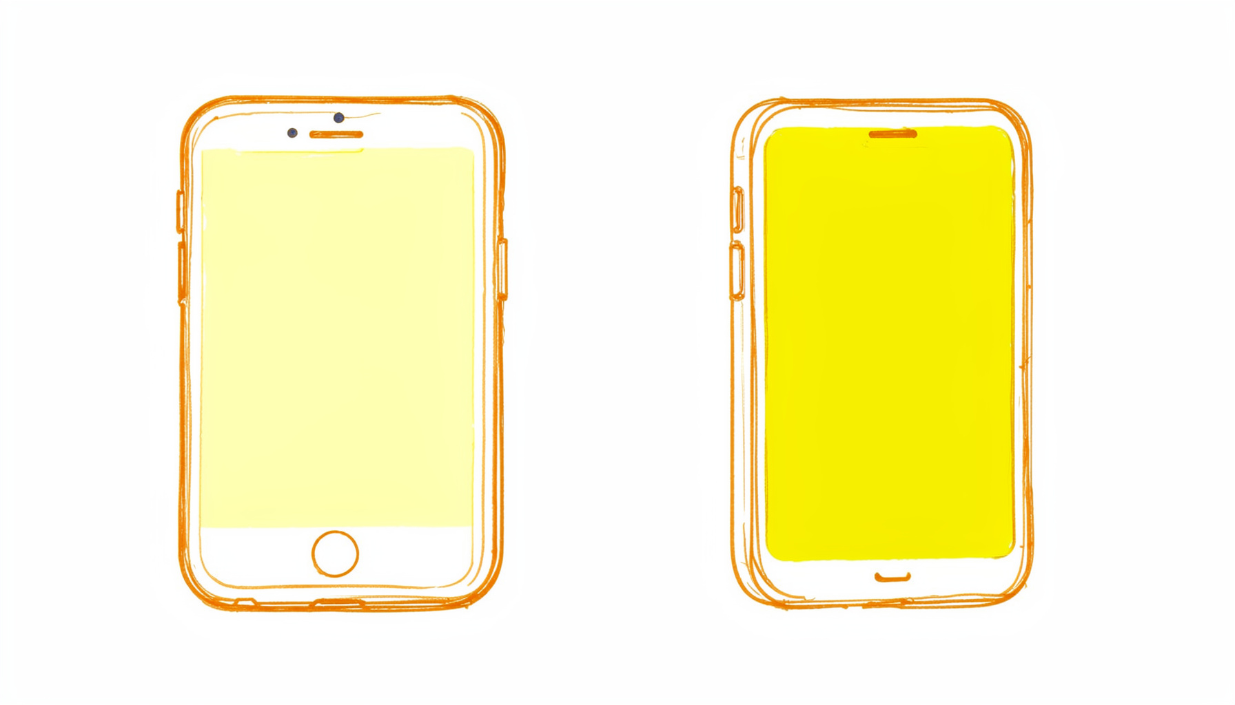 Hand-drawn ink sketch comparing iPhone 6 Plus and Galaxy Note 4 side by side in amber outline