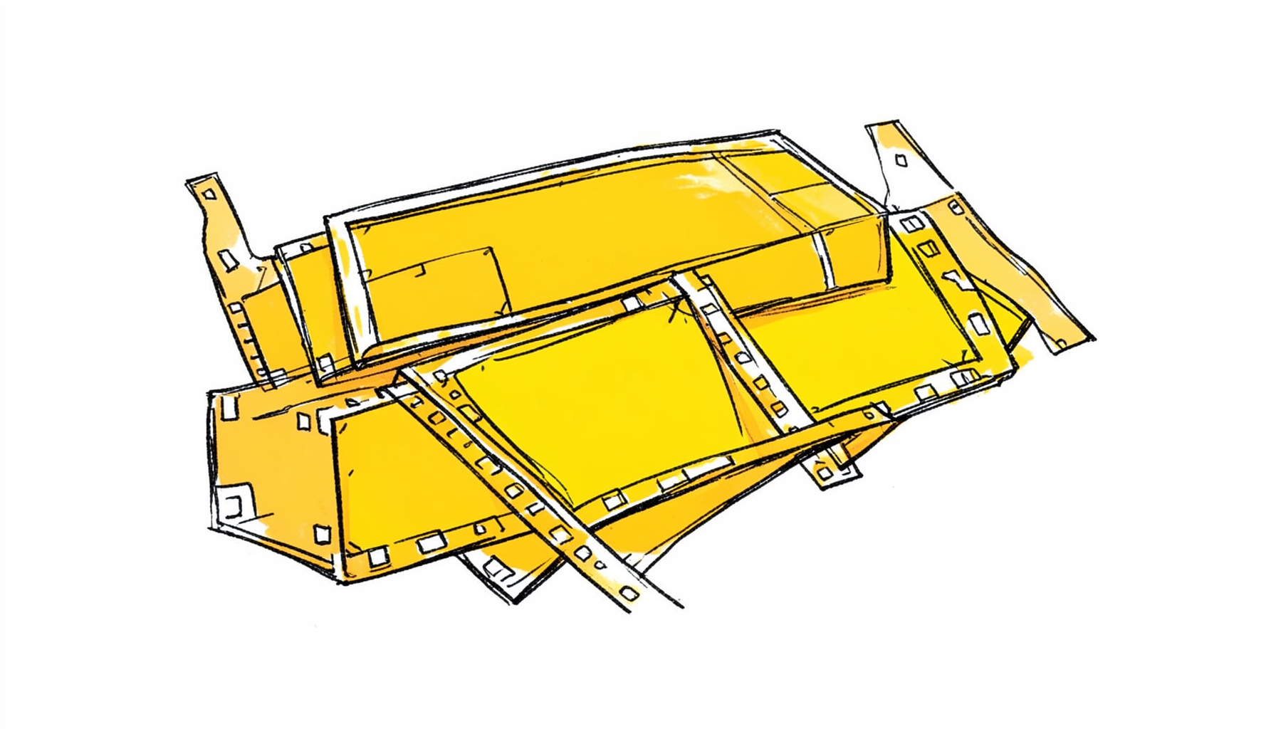 Hand-drawn ink sketch of a multi-format media toolkit with layered film strips in amber tones