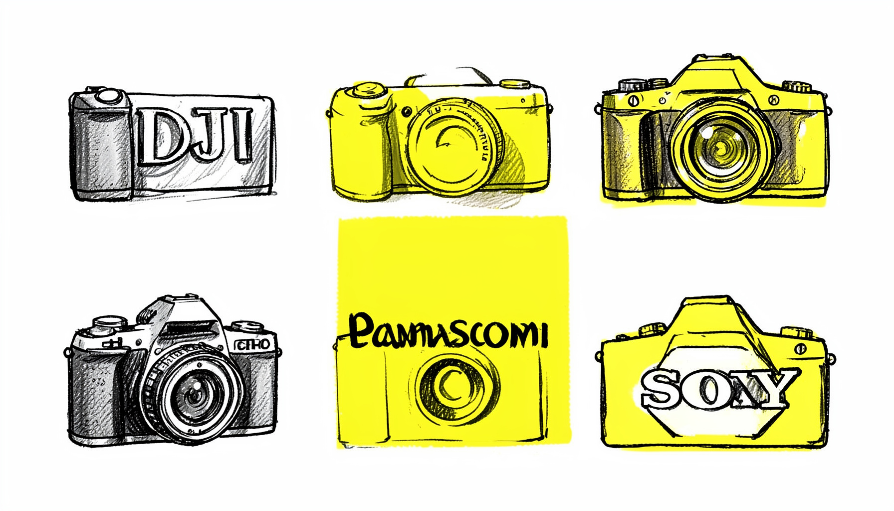 Hand-drawn ink illustration of camera brands — DJI, Canon, Panasonic, Sony — arranged in a golden grid